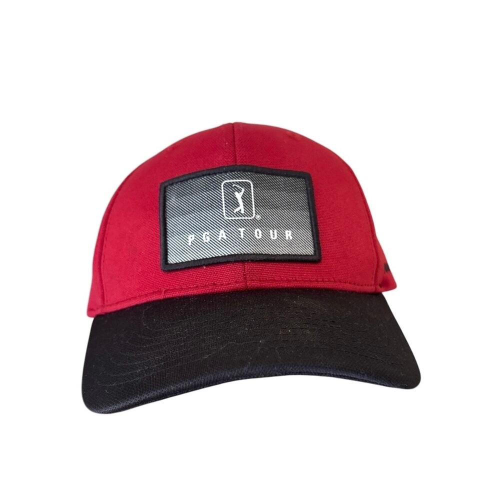 PGA Tour Americana Trucker Adjustable Golf Hat Cap - red and black Snap Back EUC